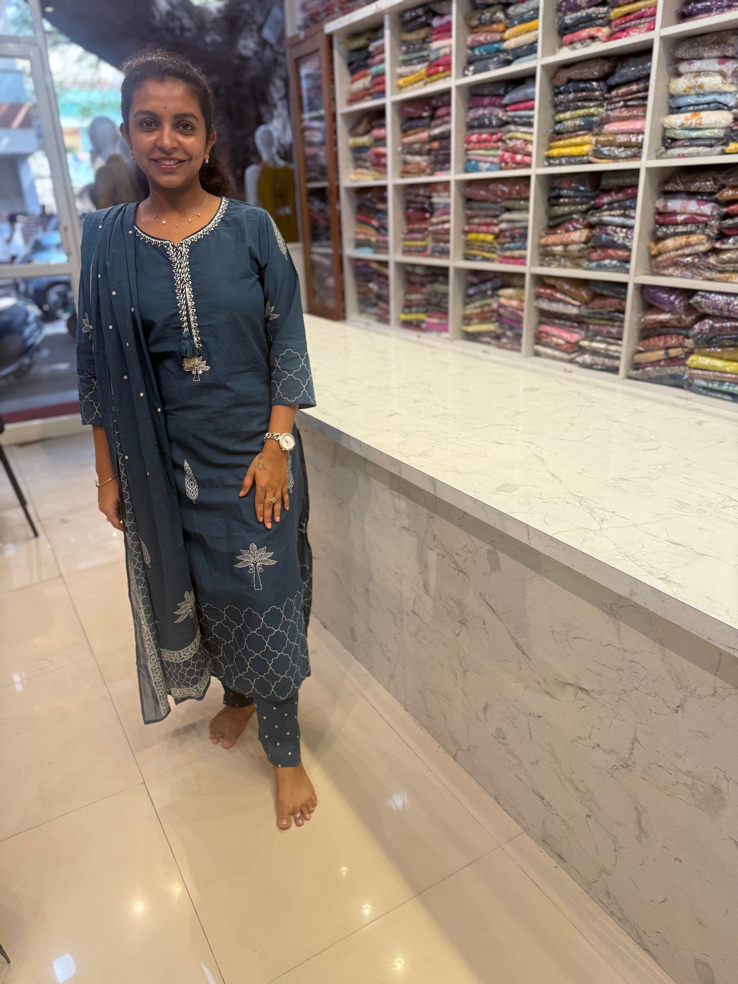 Polka Dot Printed Pure Cotton Kurti With Pant and Dupatta