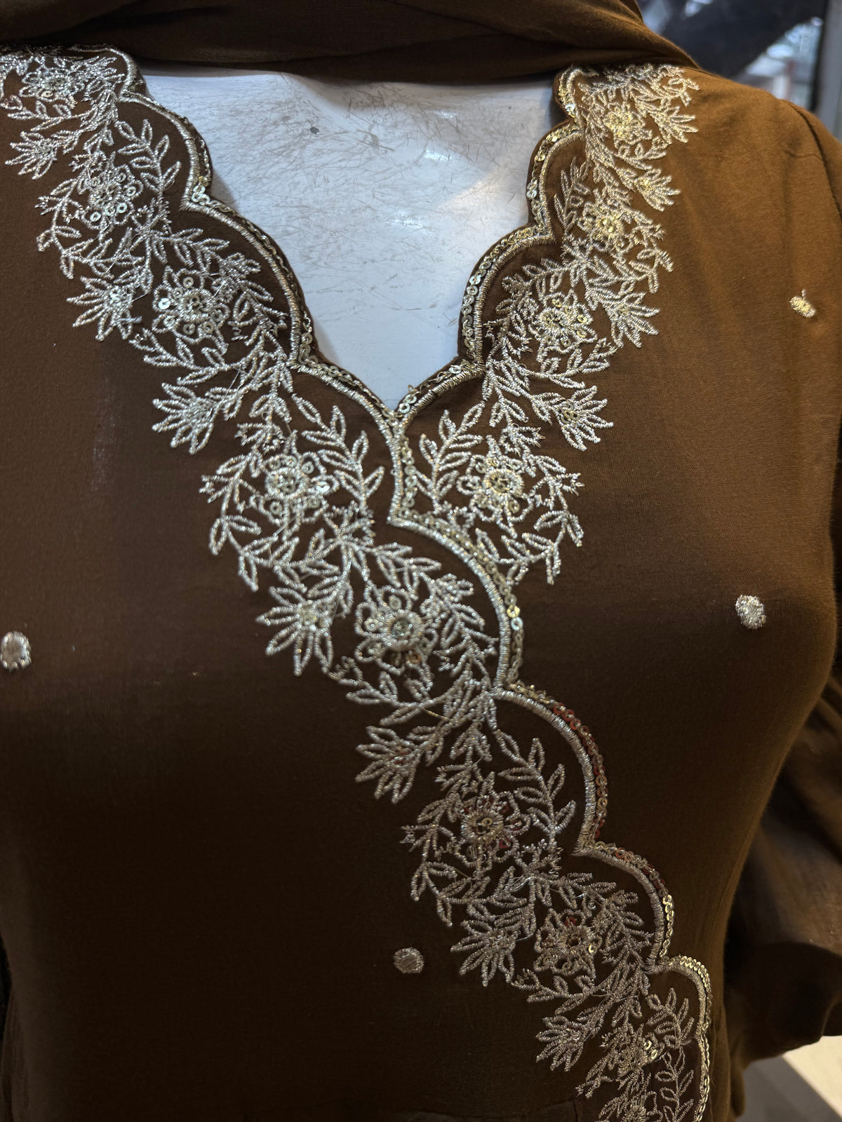 Brown Pure Cotton Embroidered Angarkha  Kurti With Pant and Dupatta - HSC1200