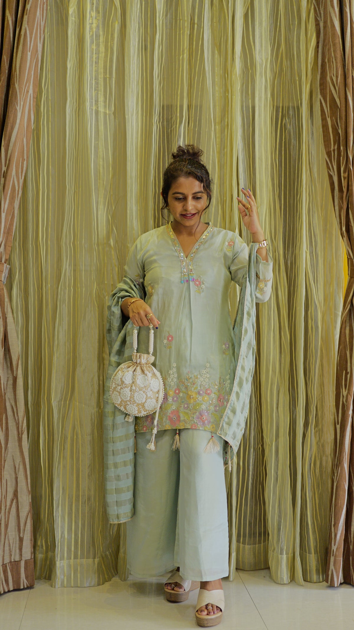 Sky Blue Tissue Silk Kurti With Pant and Dupatta -HSC1244