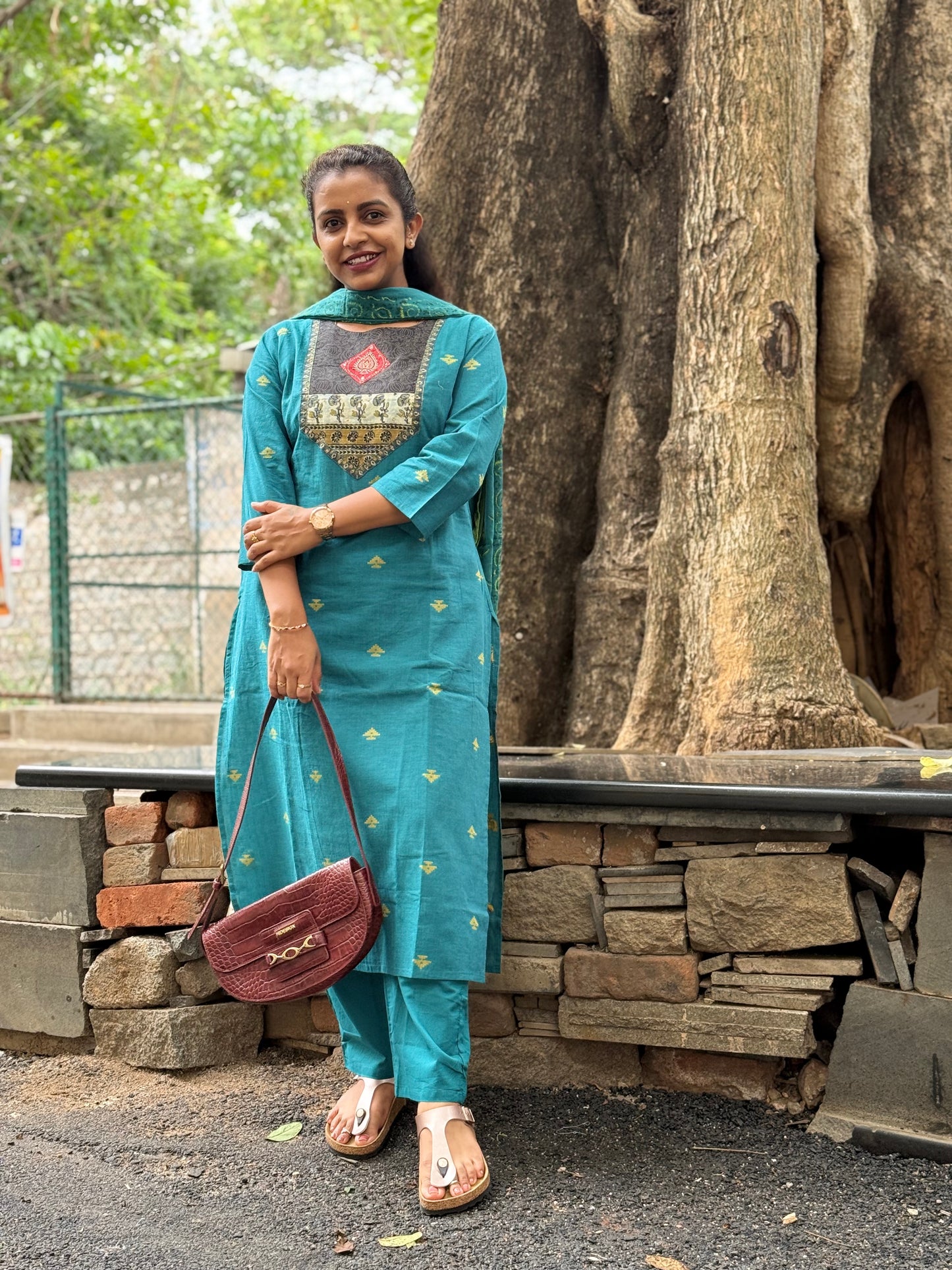 Teal Blue Handloom Pure Cotton Kurti With Pant and Dupatta - HSC1159