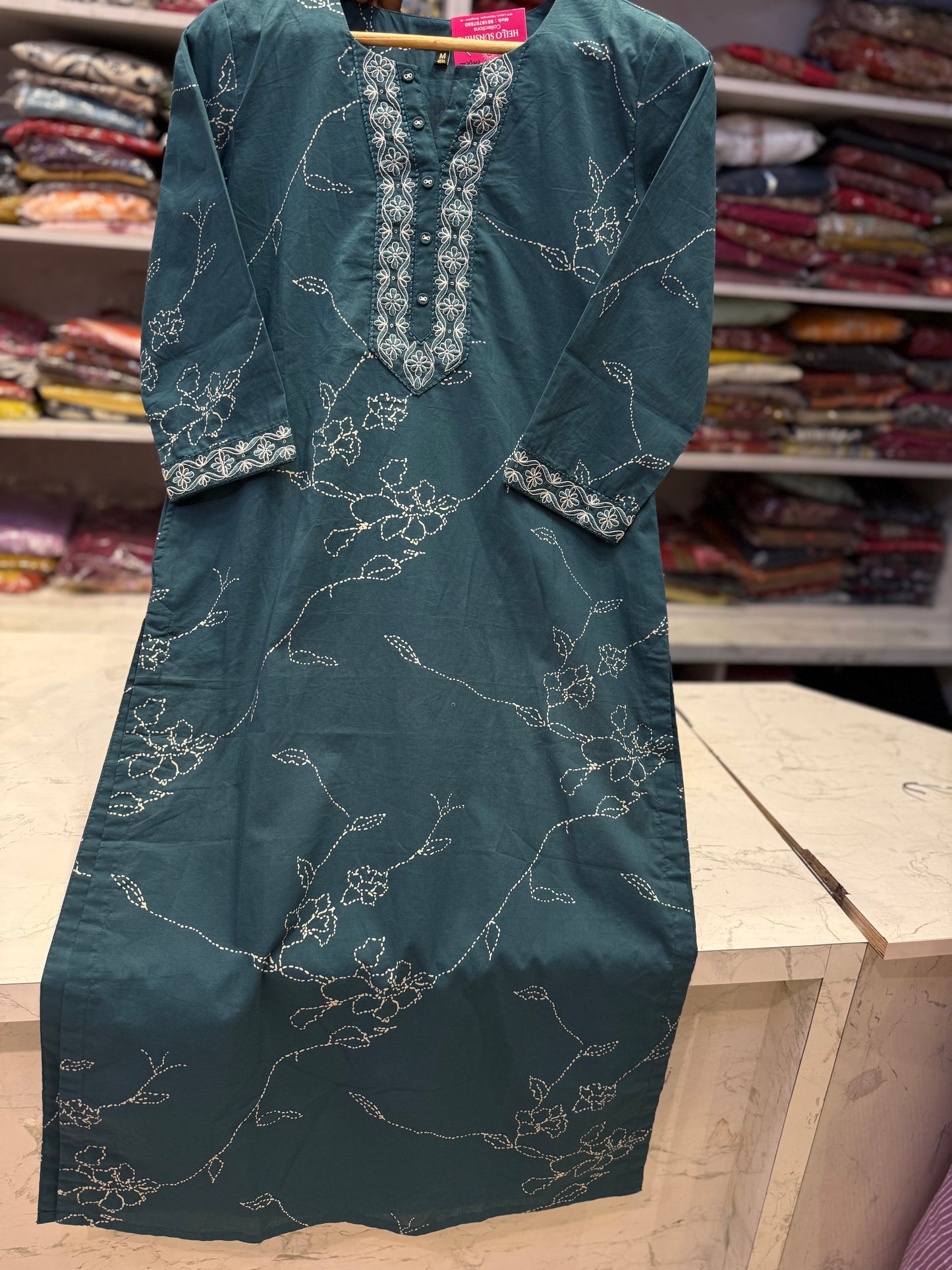Green Pure Cotton Straight cut Kurti - HSC1151