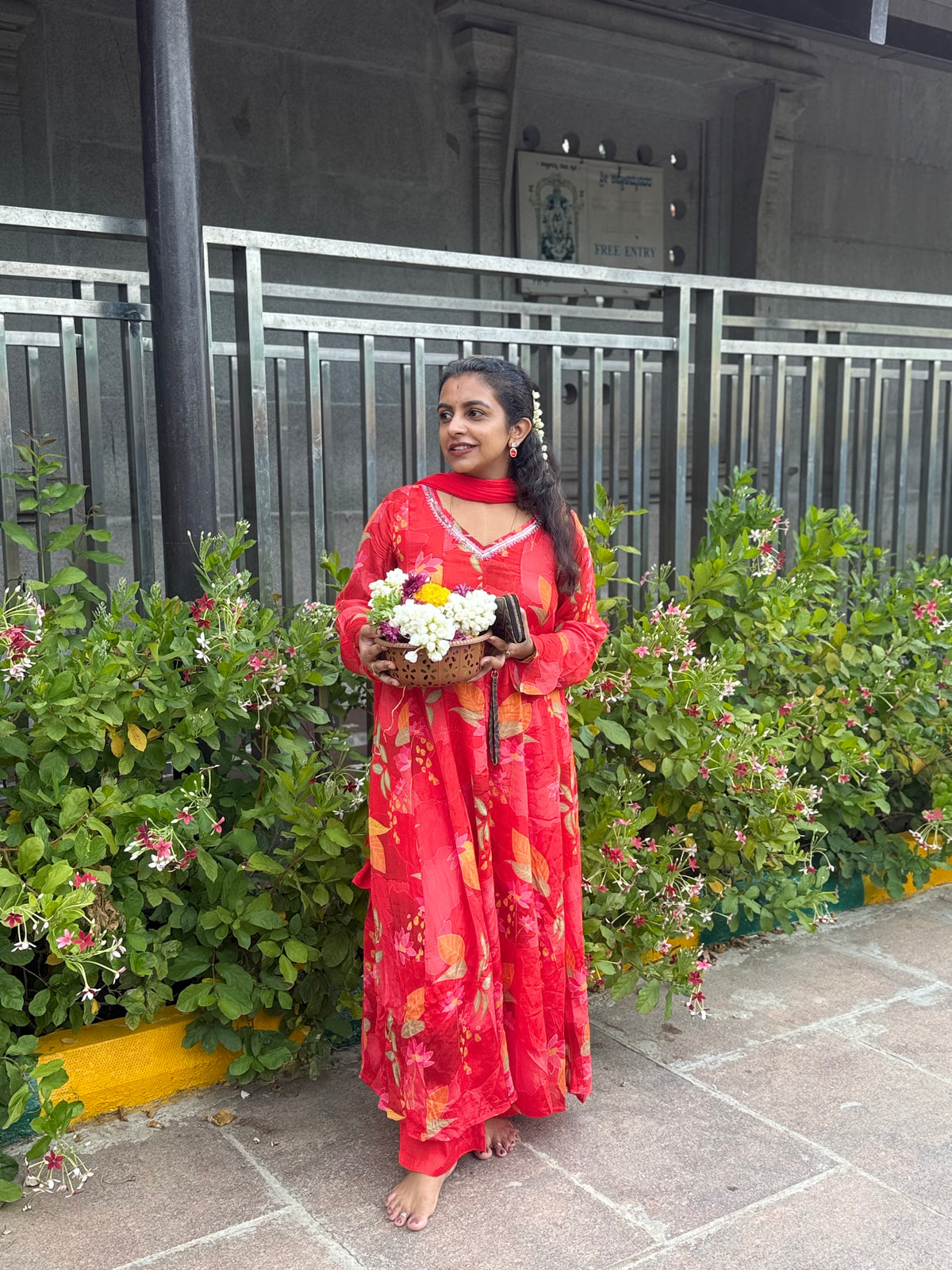 Pure Chinnon Red Anarkali Printed A-line Kurti With Pant and Dupatta -HSC1293