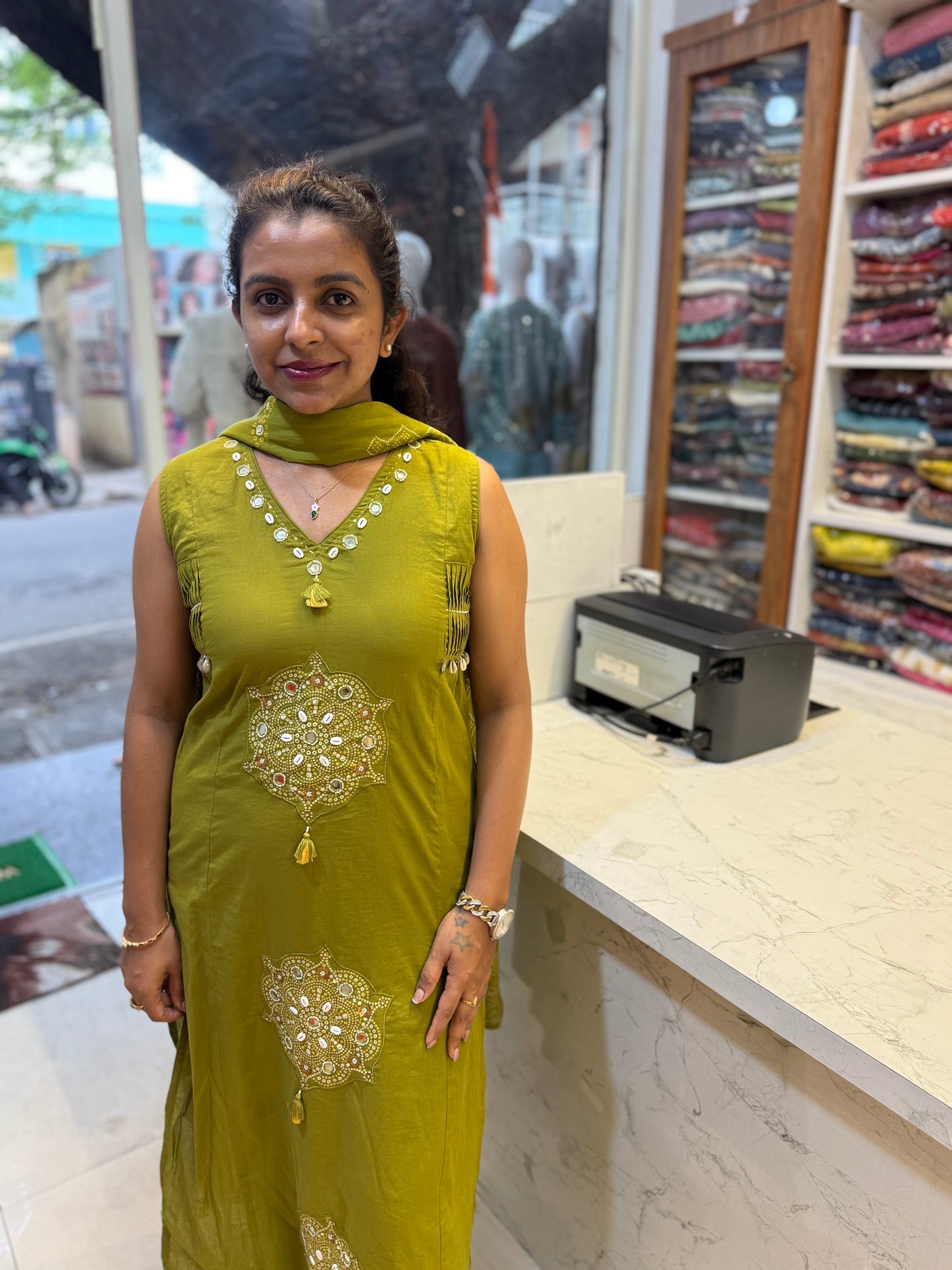 Bandini Printed Green Pure Cotton Kurti With Pant and Dupatta