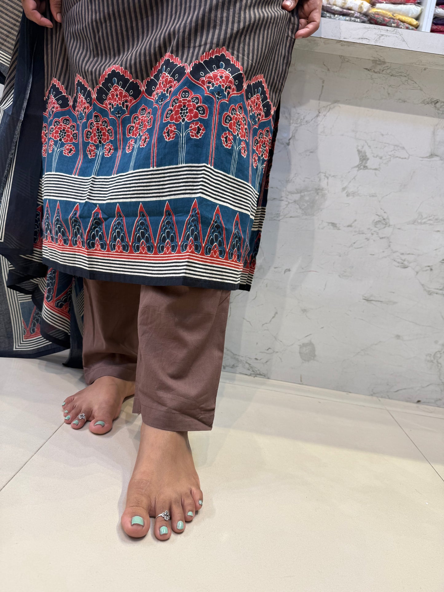 Black Printed Stripes Kurti With Pant and Dupatta