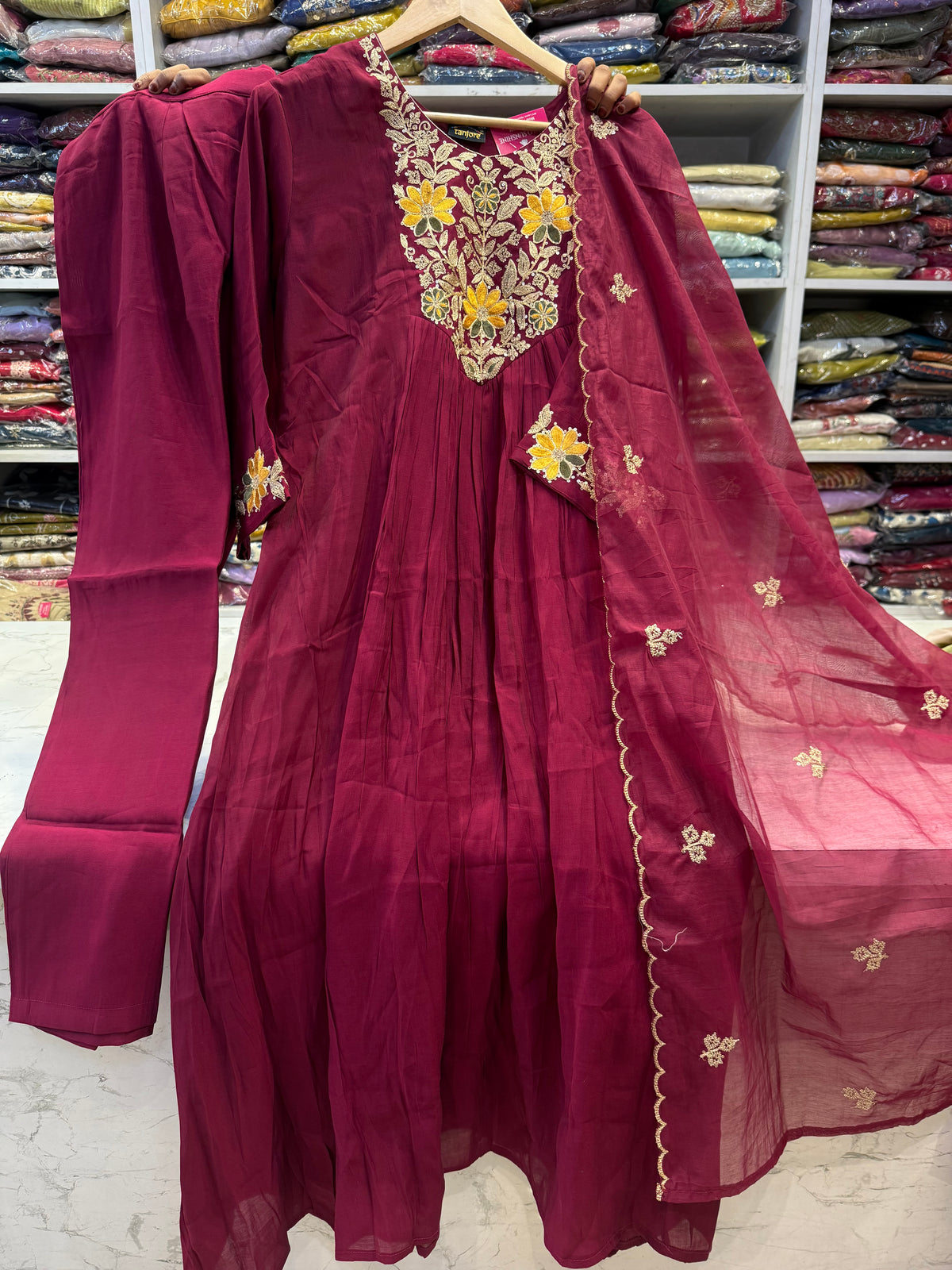 Wine Embroidery Kurti With Pant and Scallop Cutwork Dupatta - HSC1189
