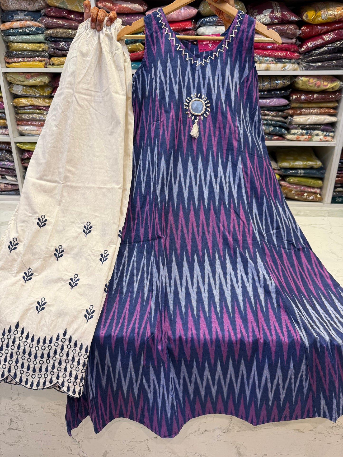 Ikat Sleeveless Blue Pure Cotton Kurti With Palazzo Pant-HSC96