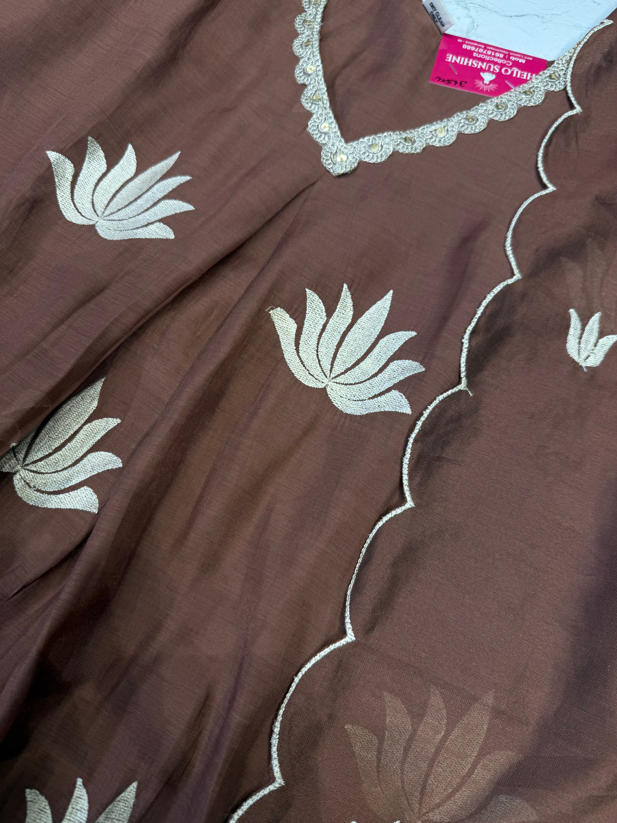 Lotus Brown Embroidery A-line Kurti With Pant and Scallop Cutwork Dupatta - HSC1190