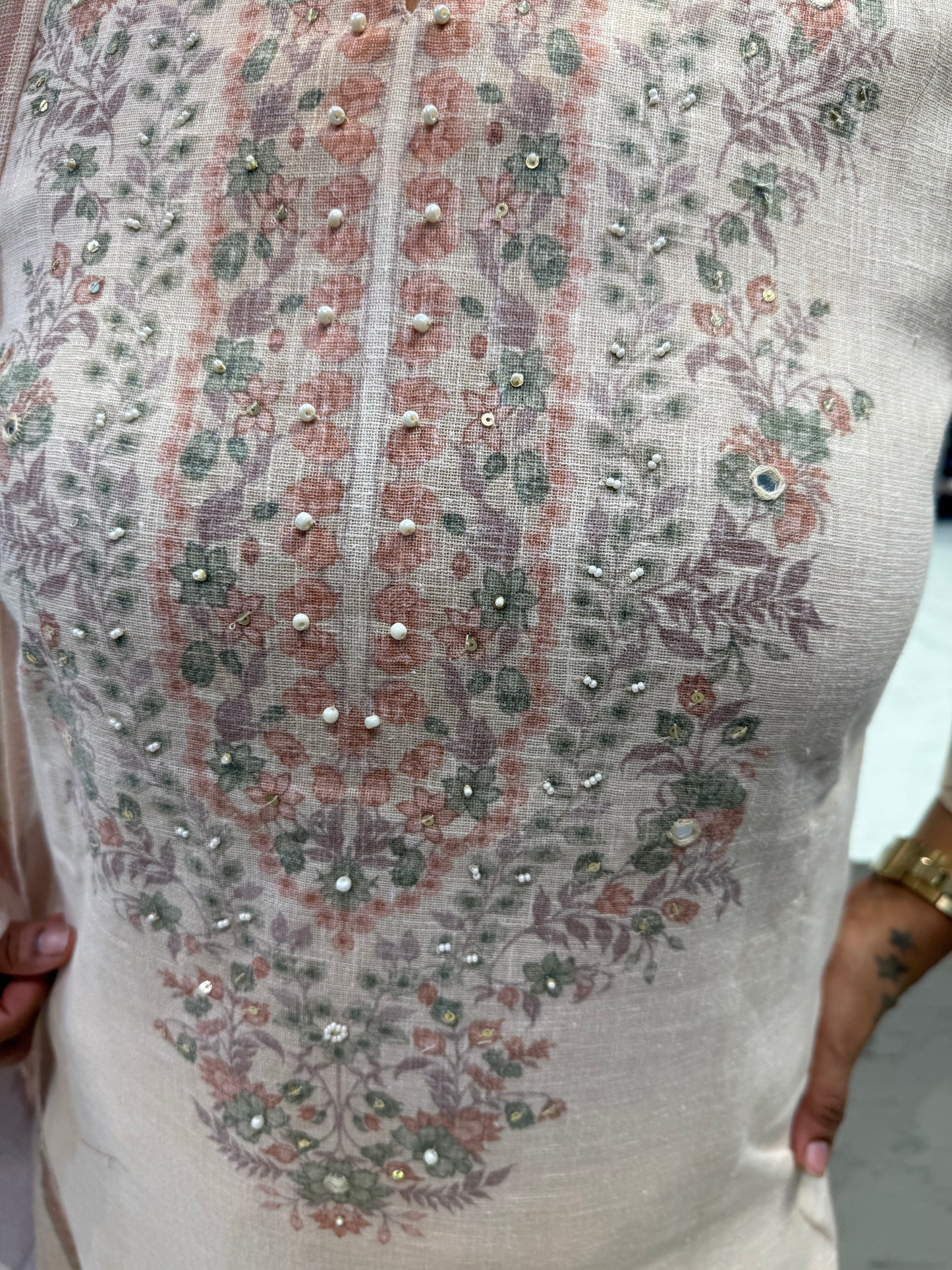 Pure Linen Thread Embroidery Kurti With Pant and Dupatta-HSC75