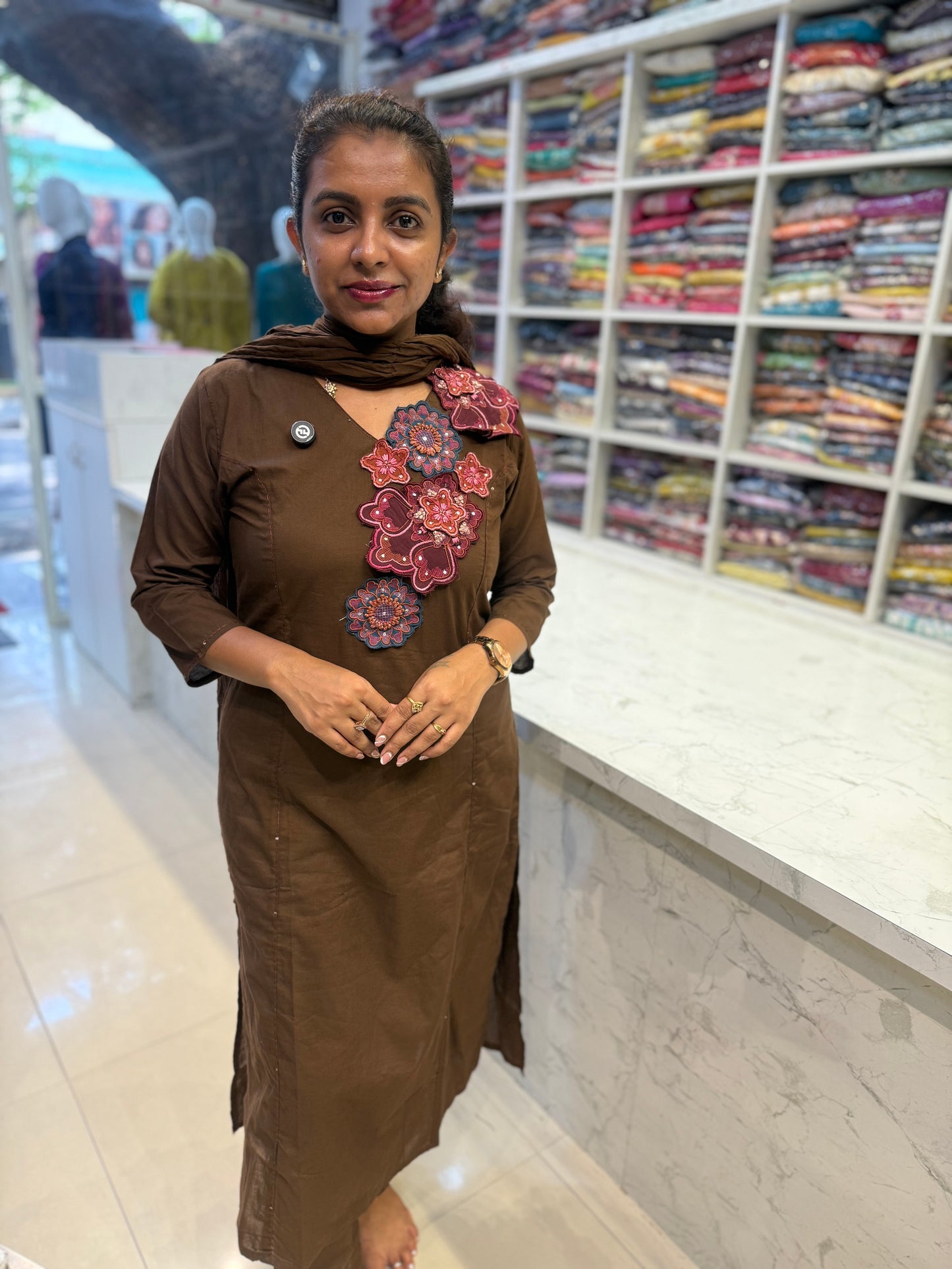 Brown Appliqué Pure Cotton Kurti With Pant and Dupatta-HSC121