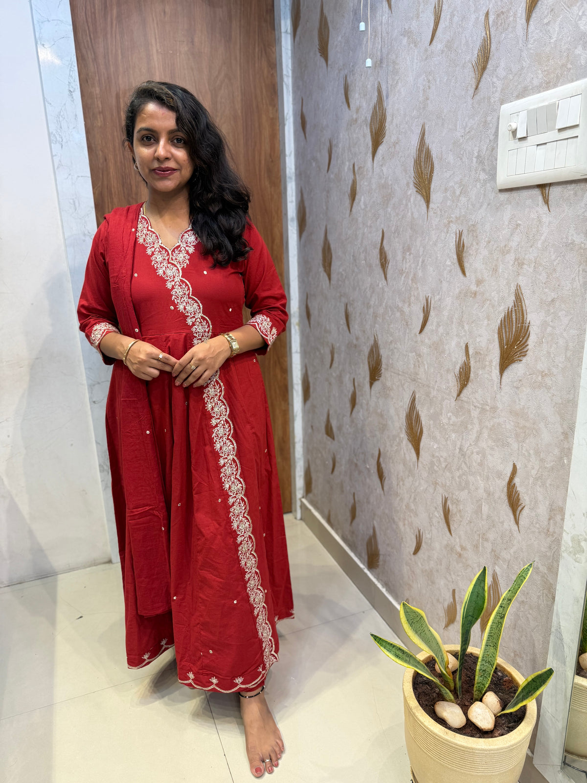 Red Pure Cotton Embroidered Angarkha Kurti With Pant and Dupatta - HSC1200
