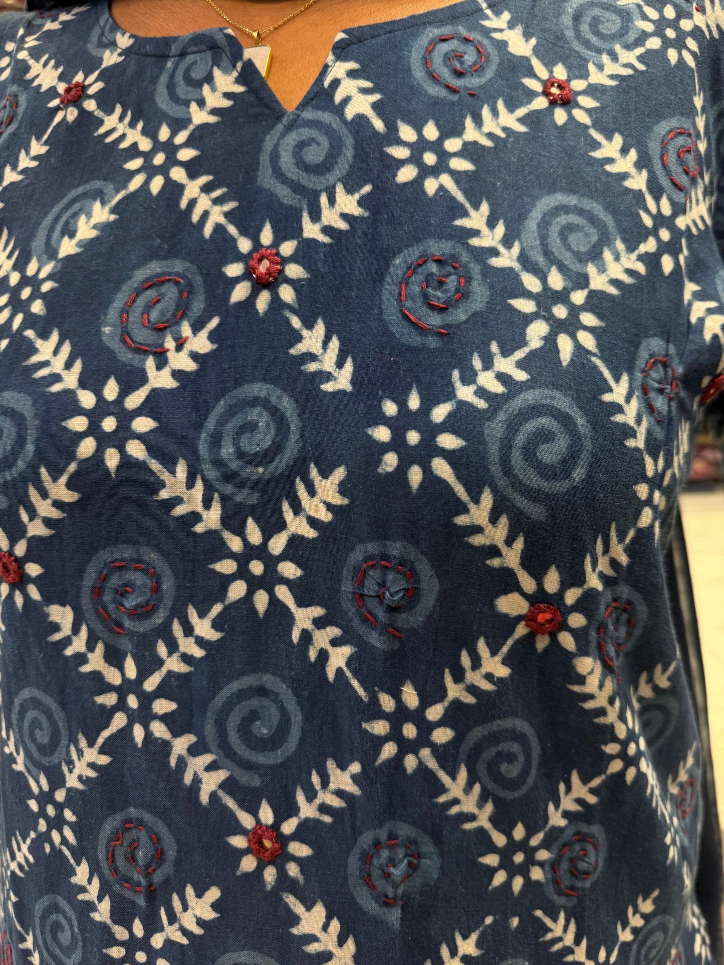 Indigo Block Printed Pure Cotton Kurti With Pant and Dupatta-HSC84