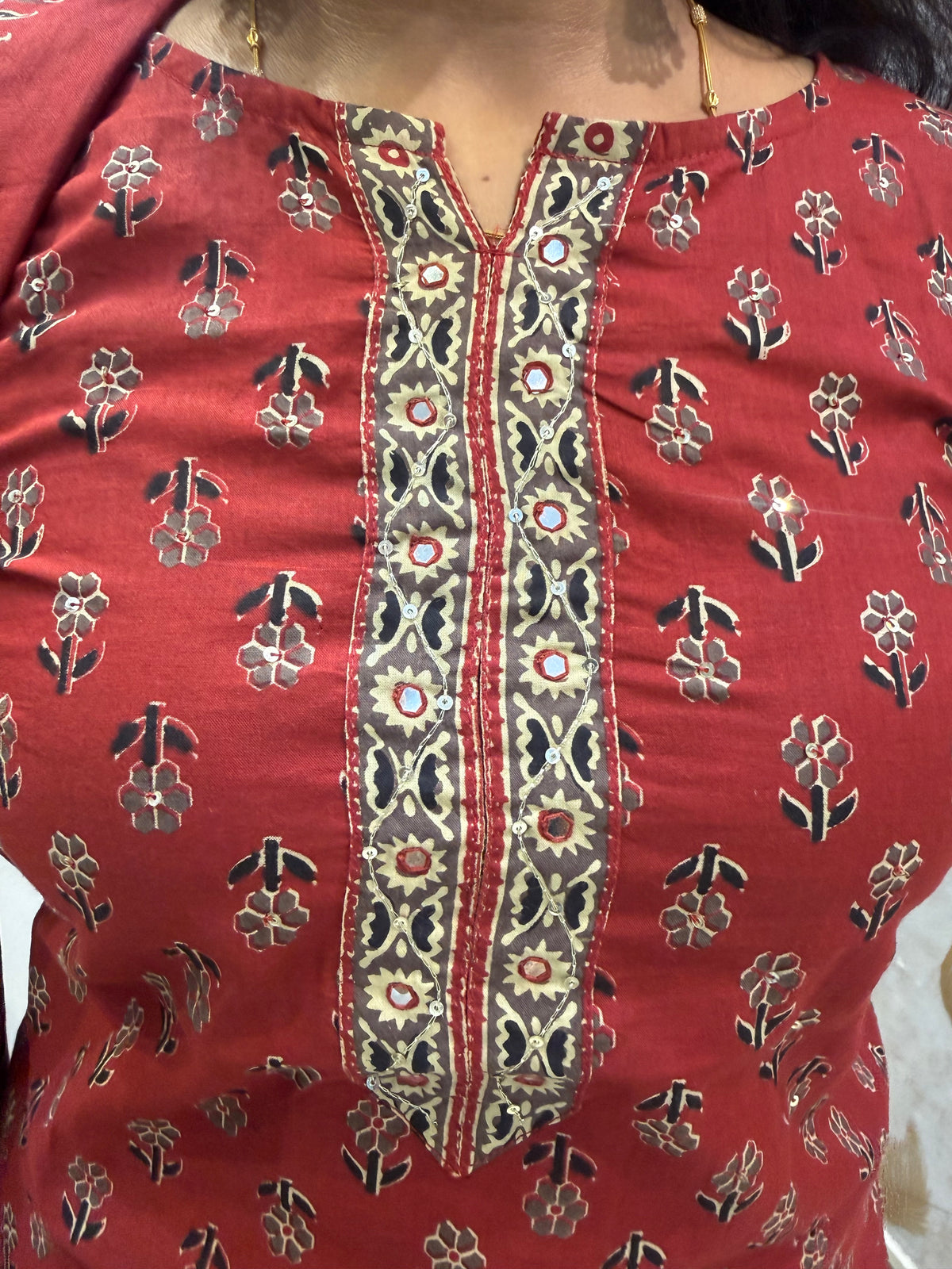 Red Pure Cotton Printed Kurti With Skirt and Dupatta -HSC1302