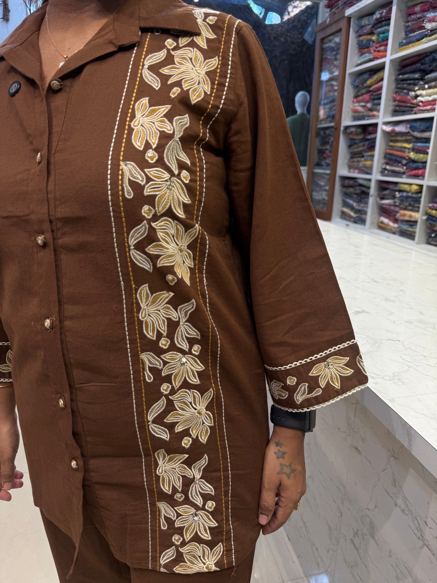 Brown Cotton Flex Embroidery Co-ords Set-HSC93