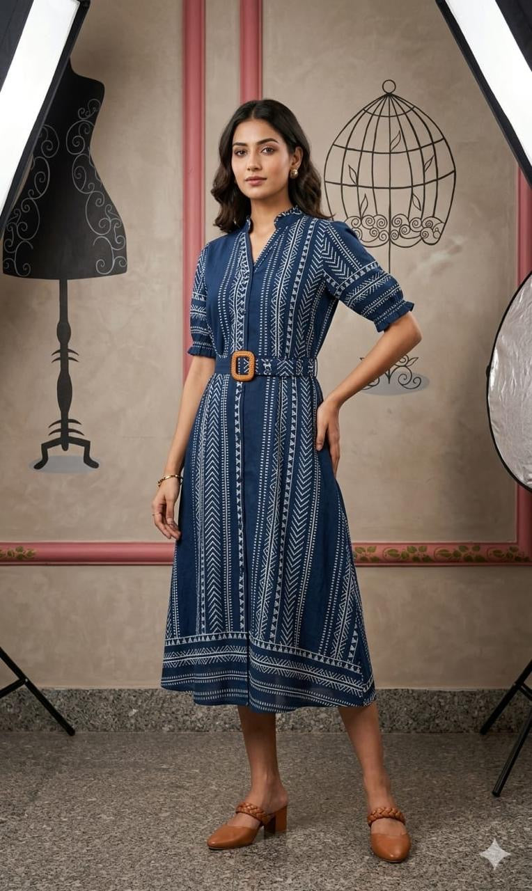Two Sides Pockets Blue Pure Cotton A-line Dress