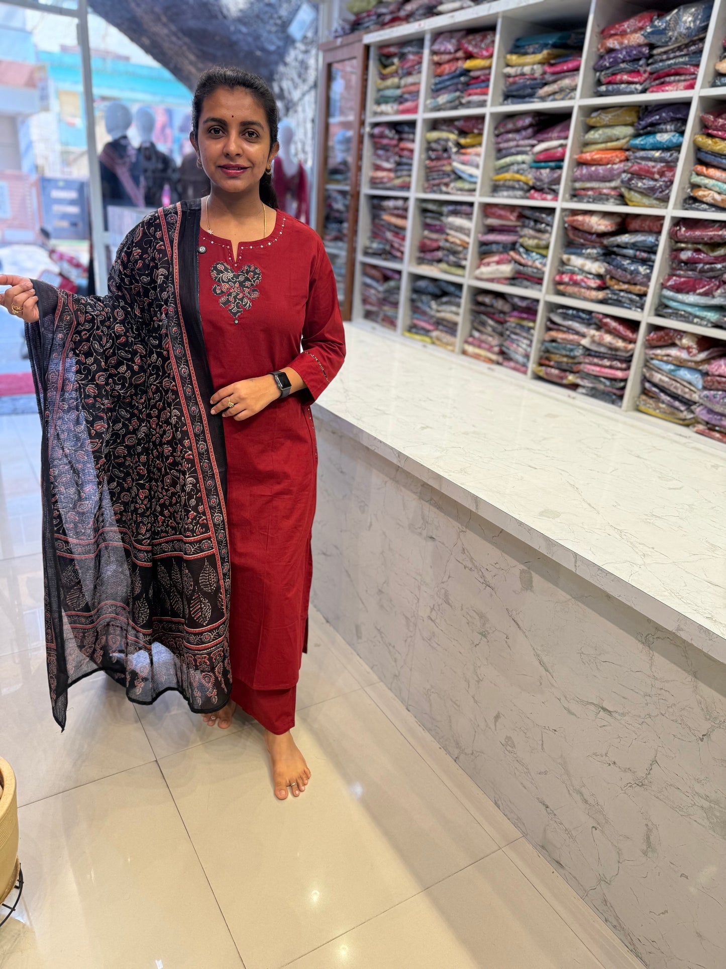 Marron Back Embroidery Kurti with Pant and Dupatta