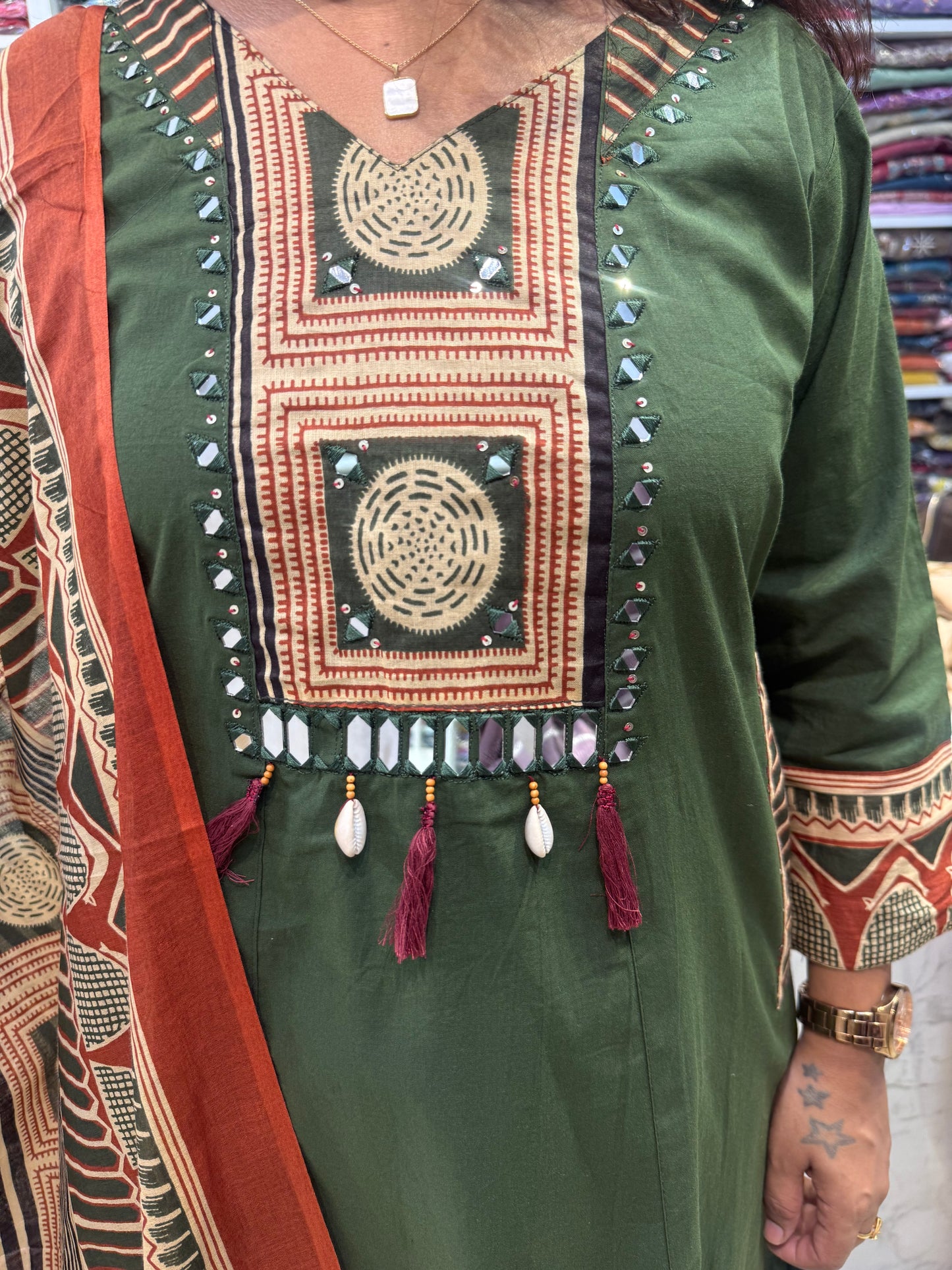 Two Sides Pockets Green Backside Patch Work Printed Kurti With pant and Dupatta-HSC86