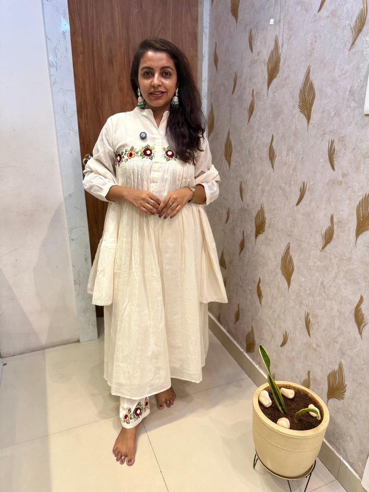 White Embroidered Pure Cotton Anarkali Kurti With Pant and Dupatta -HSC1220