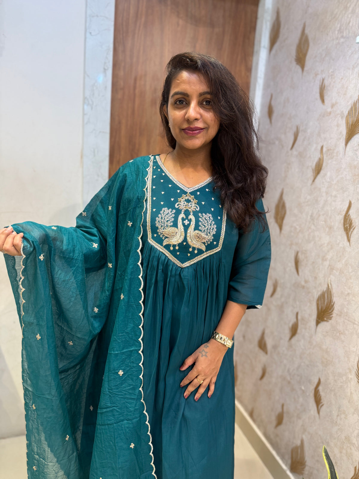 Teal Blue Pure Silk Kurti With Pant and Scallop Cut Dupatta -HSC1314