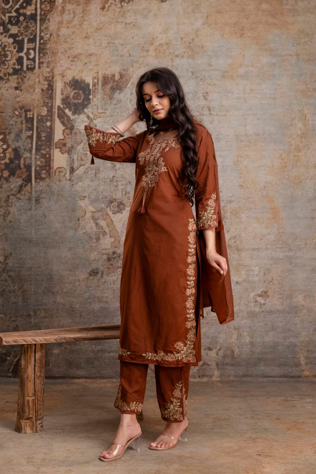 Brown Embroidery Pure Cotton Kurti With Pant and Dupatta - HSC1145