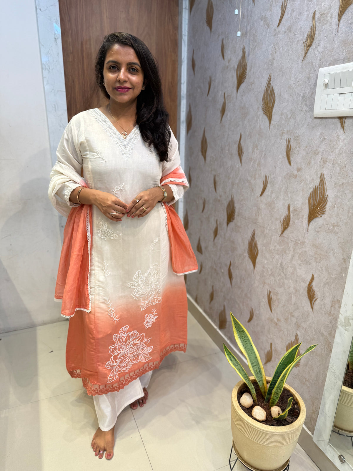 Ombre Half White Hand Embroidery Kurti With Pant and Dupatta - HSC1182