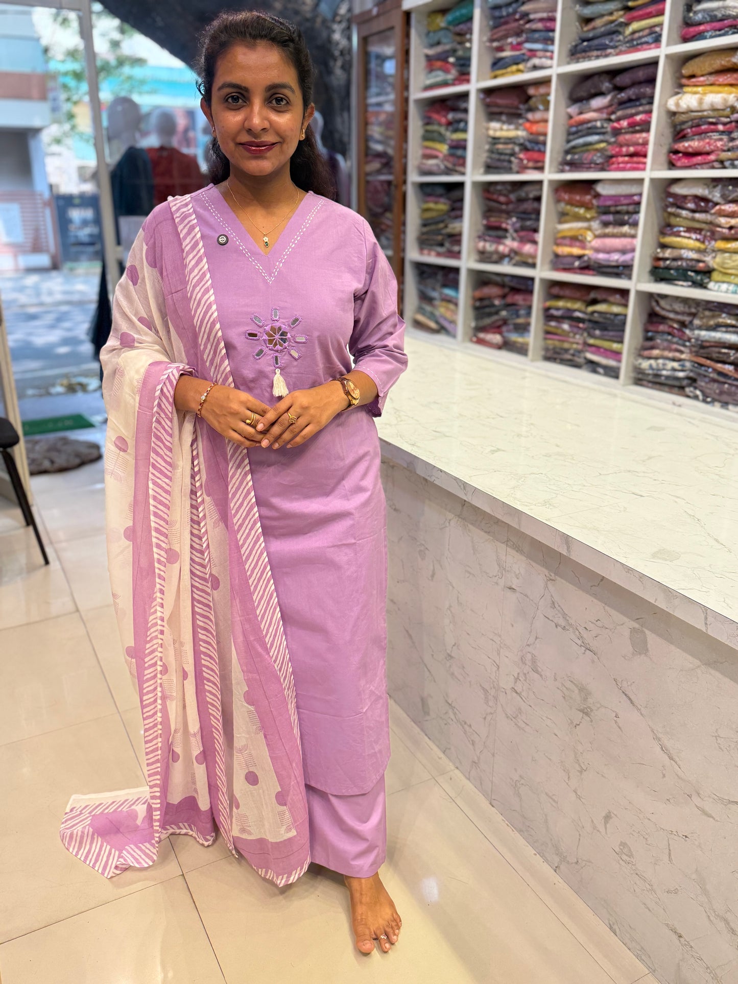Lavender Pure Cotton Kurti With Pant and Constrast Dupatta-HSC104