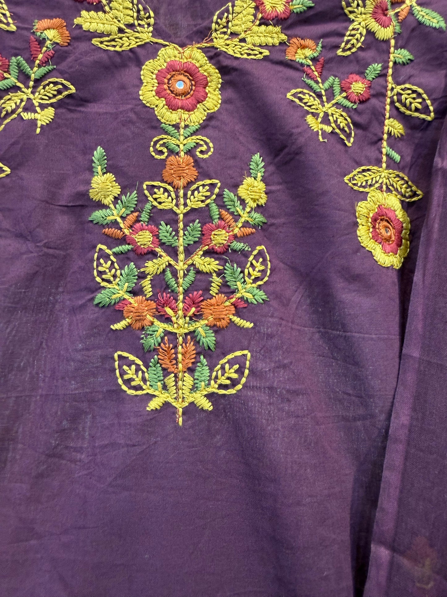 Wine Hand Embroidery Pure Cotton Kurti With Pant and Dupatta-HSC95