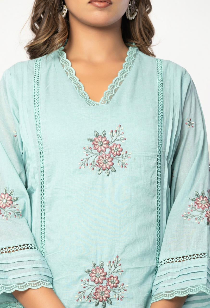 Sky Blue Lace Embroidery Pure Cotton Kurti With Pant and Dupatta -HSC1299