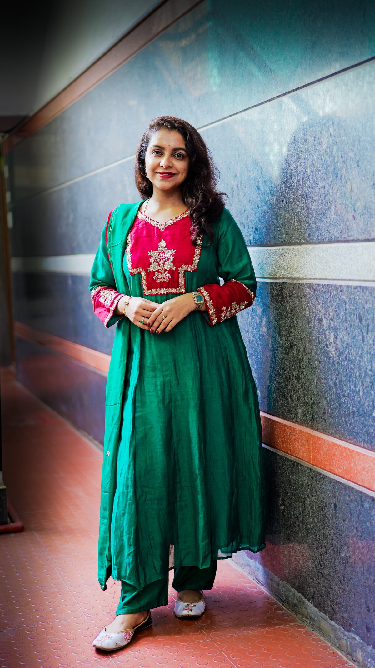 Green Pure Mul Chanderi Hand Embroidery A-line Kurti With Pant and Dupatta -HSC1218
