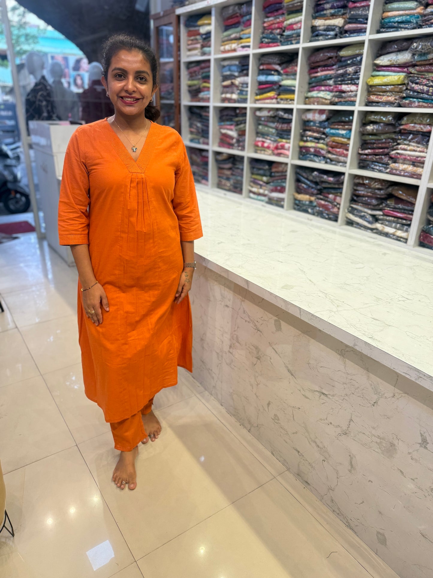 Plain Peach Orange Kurti And  Pant