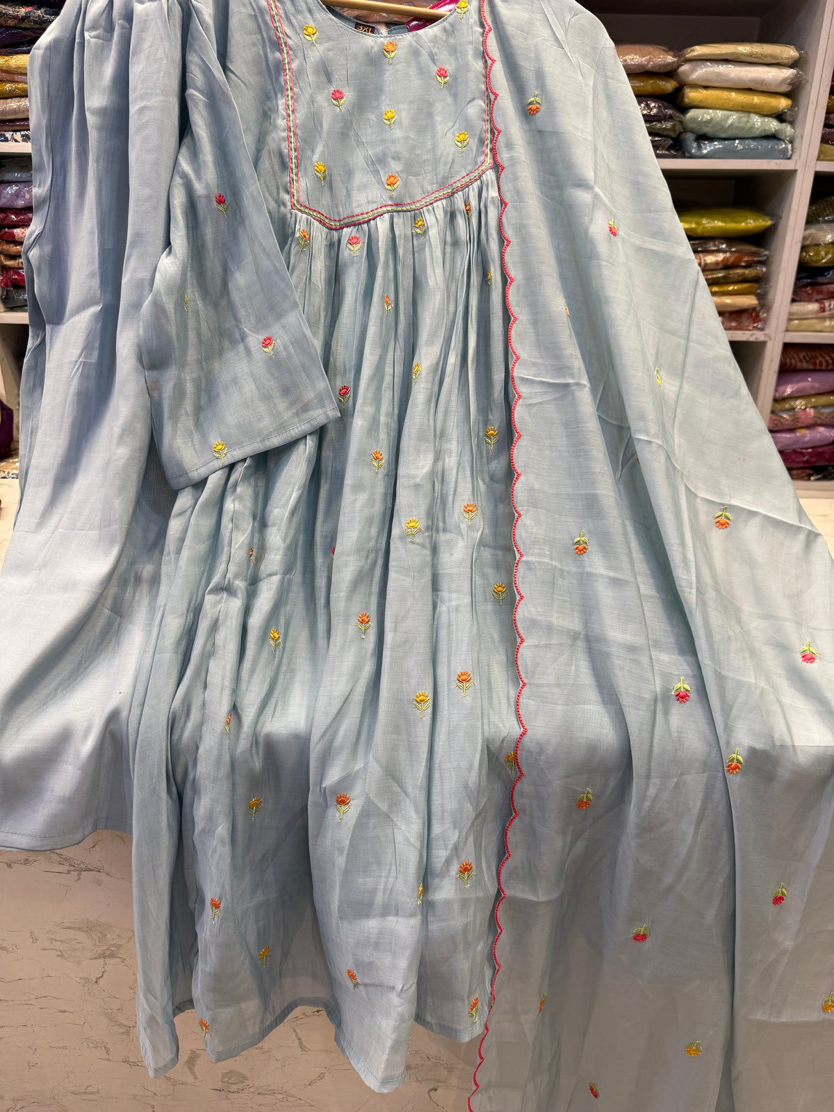 Sky Blue Embroidery Pure Silk Kurti With Pant and Scallop Cutwork Dupatta - HSC1190