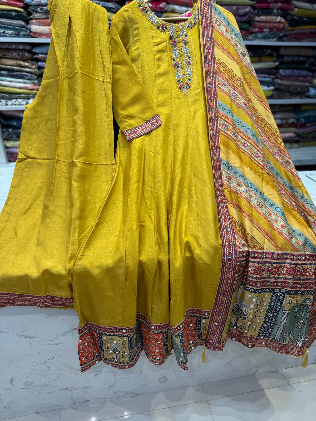 Soft Chiffon Mustard Anarkali Hand Embroidery Kurti With Pant and Printed Dupatta -HSC1242