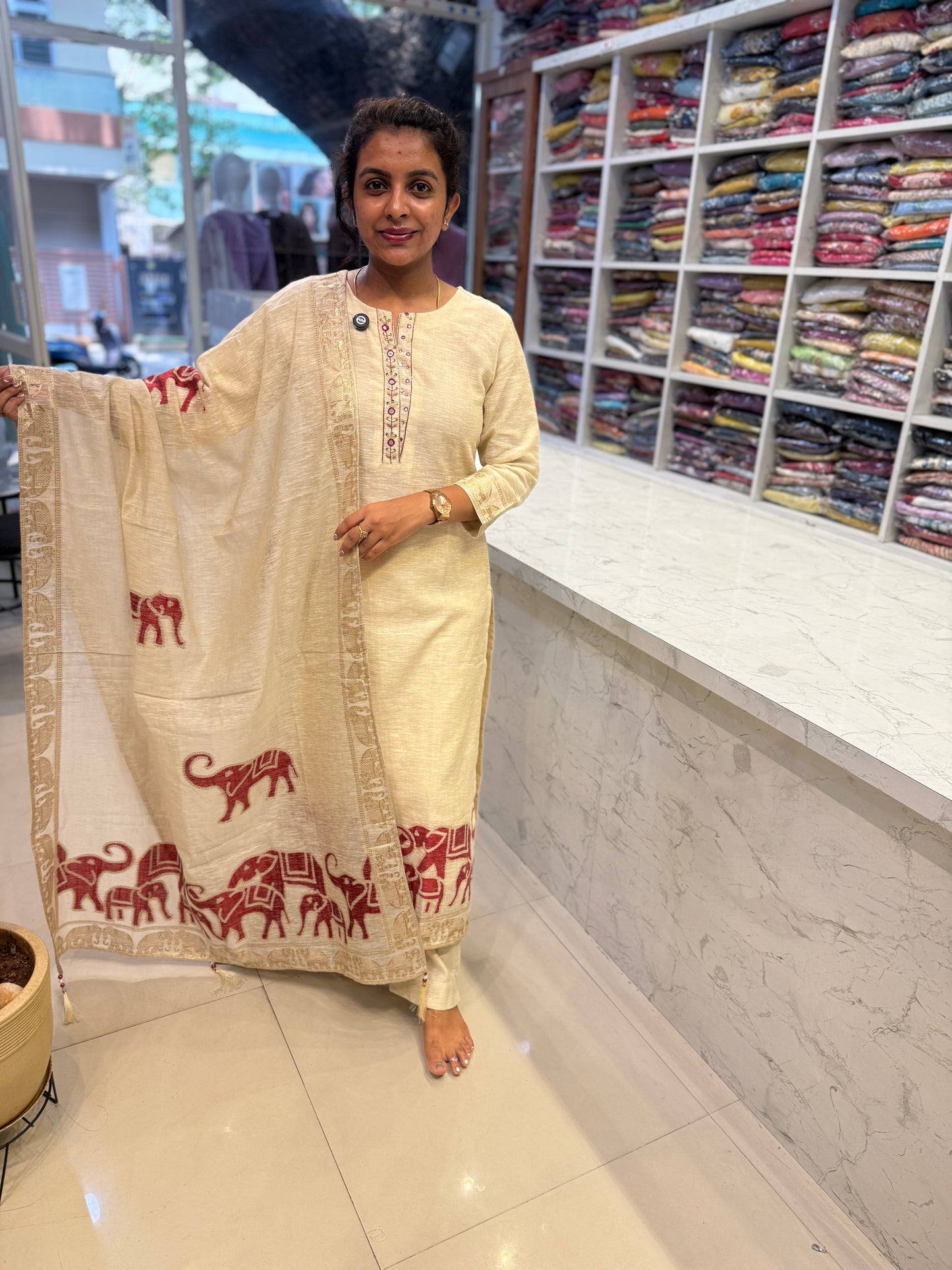 Elephant Half White Pure Jamdani Weaving Kurti With Pant and Dupatta-HSC113