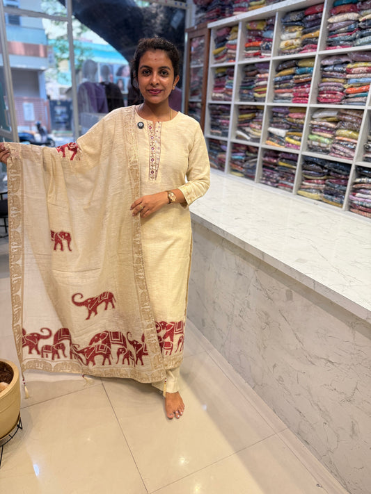 Elephant Half White Pure Jamdani Weaving Kurti With Pant and Dupatta-HSC113