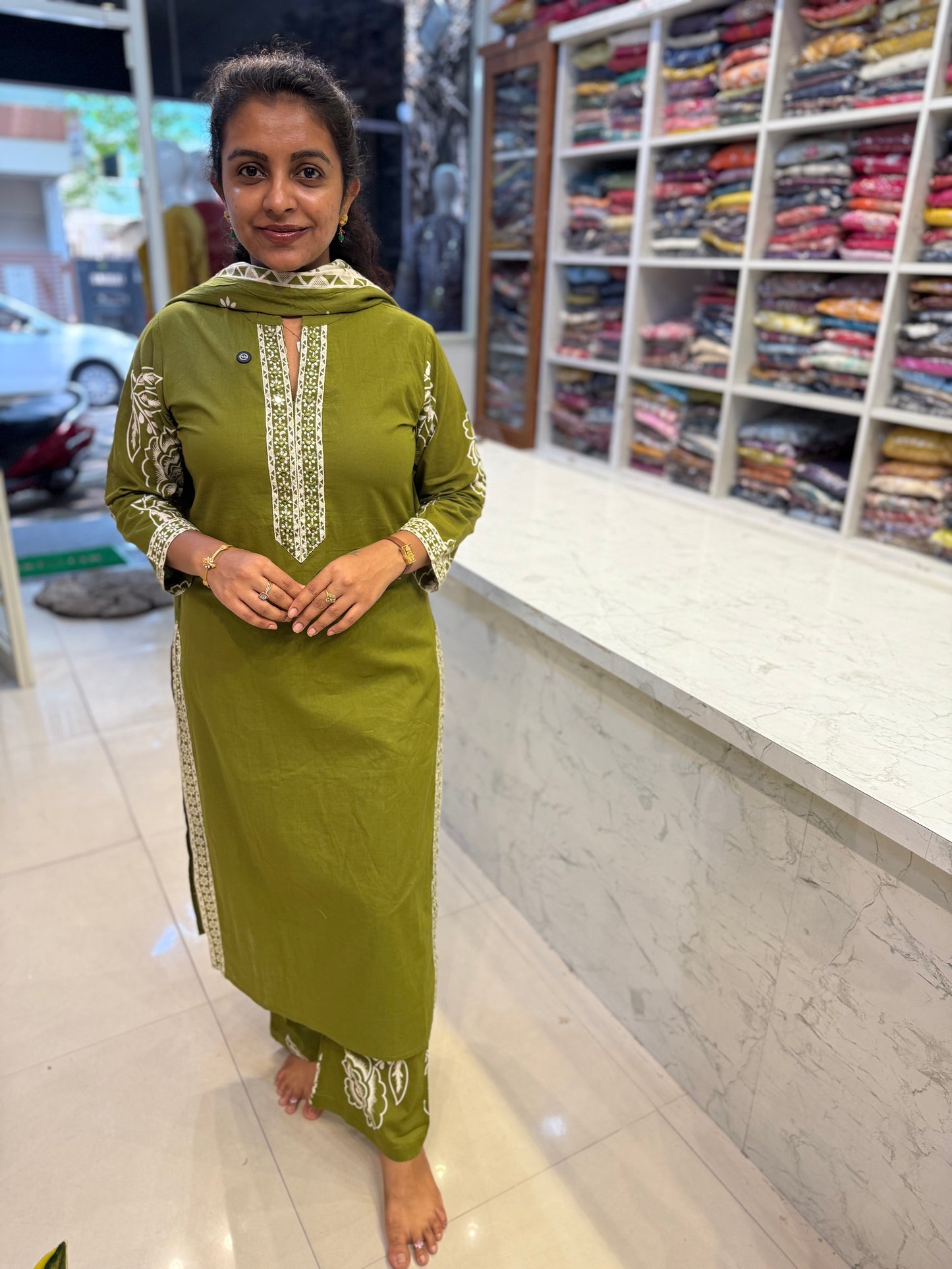 Rose Printed Green Cotton Kurti With Pant and Dupatta-HSC57