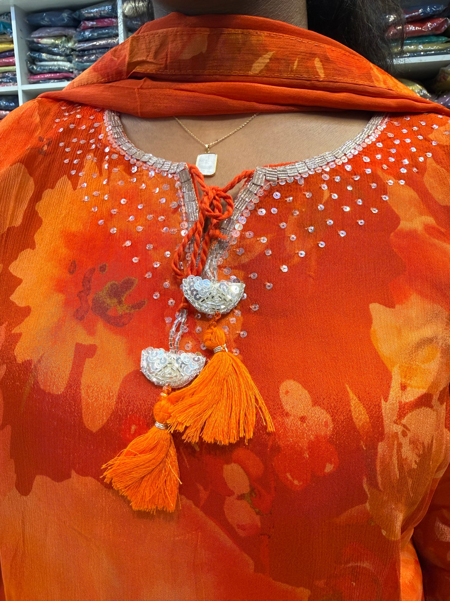 Orange Floral Pure Chinnon Kurti With Pant-HSC88