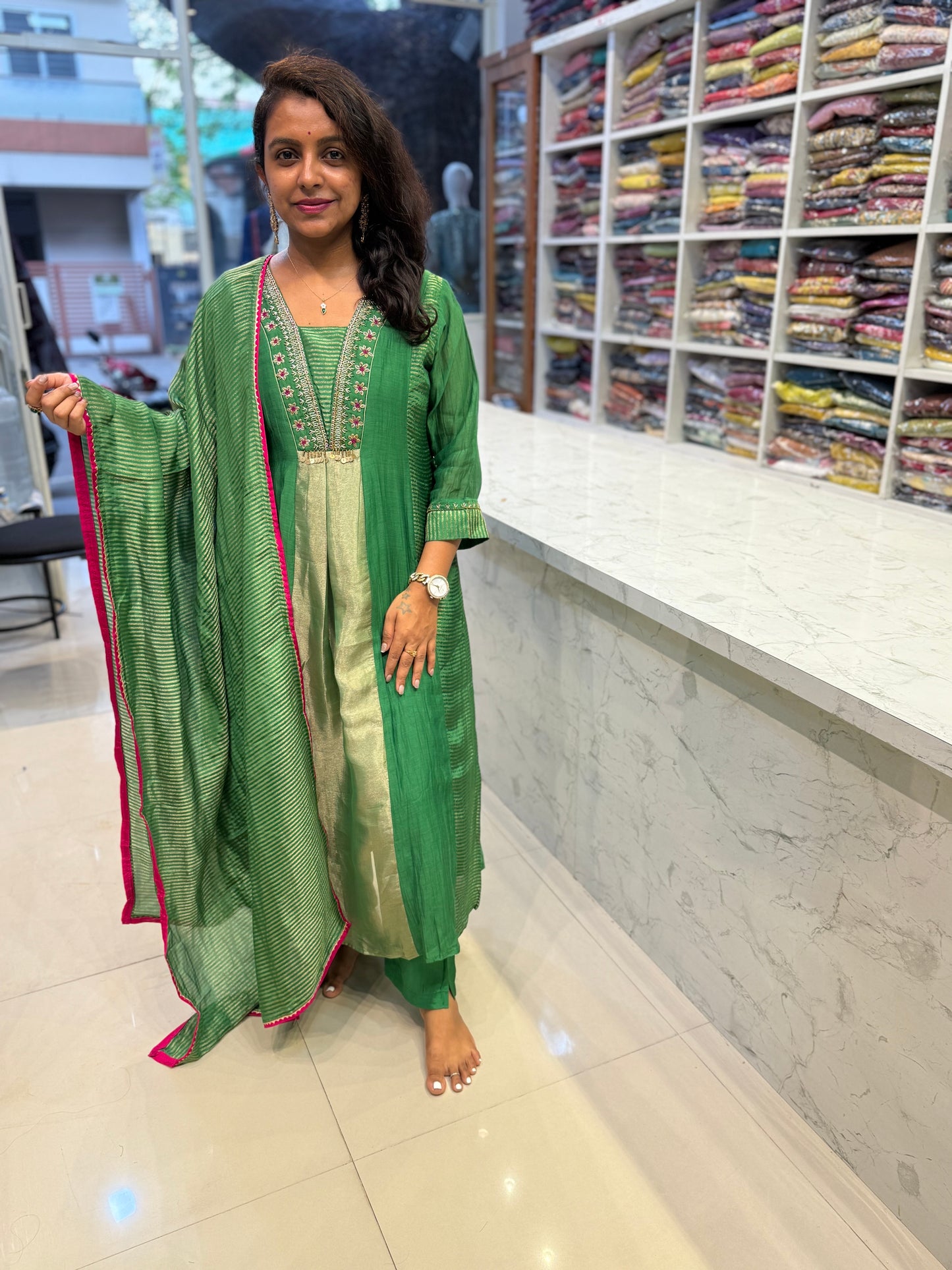 Green Pure Banarasi Mul Chanderi A-line Kurti With Pant and Dupatta-HSC167