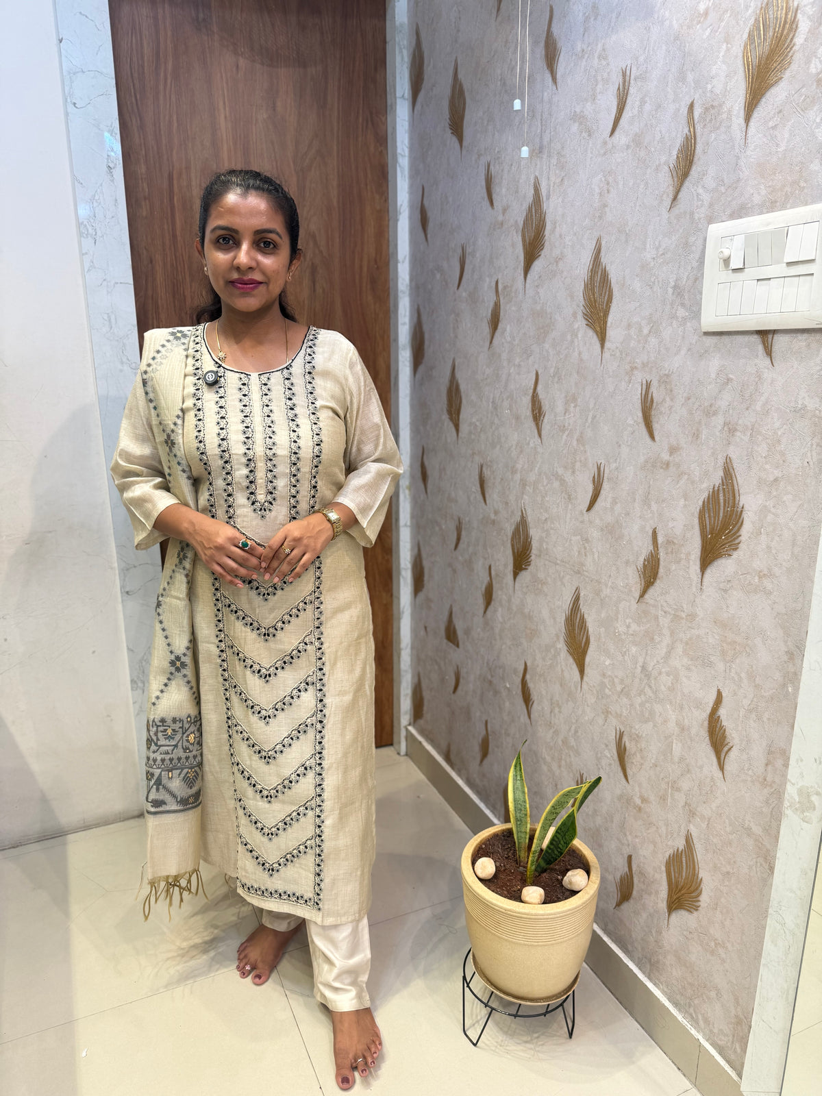 Tissue Linen Thread Embroidery Kurti With Pant and Dupatta -HSC1214