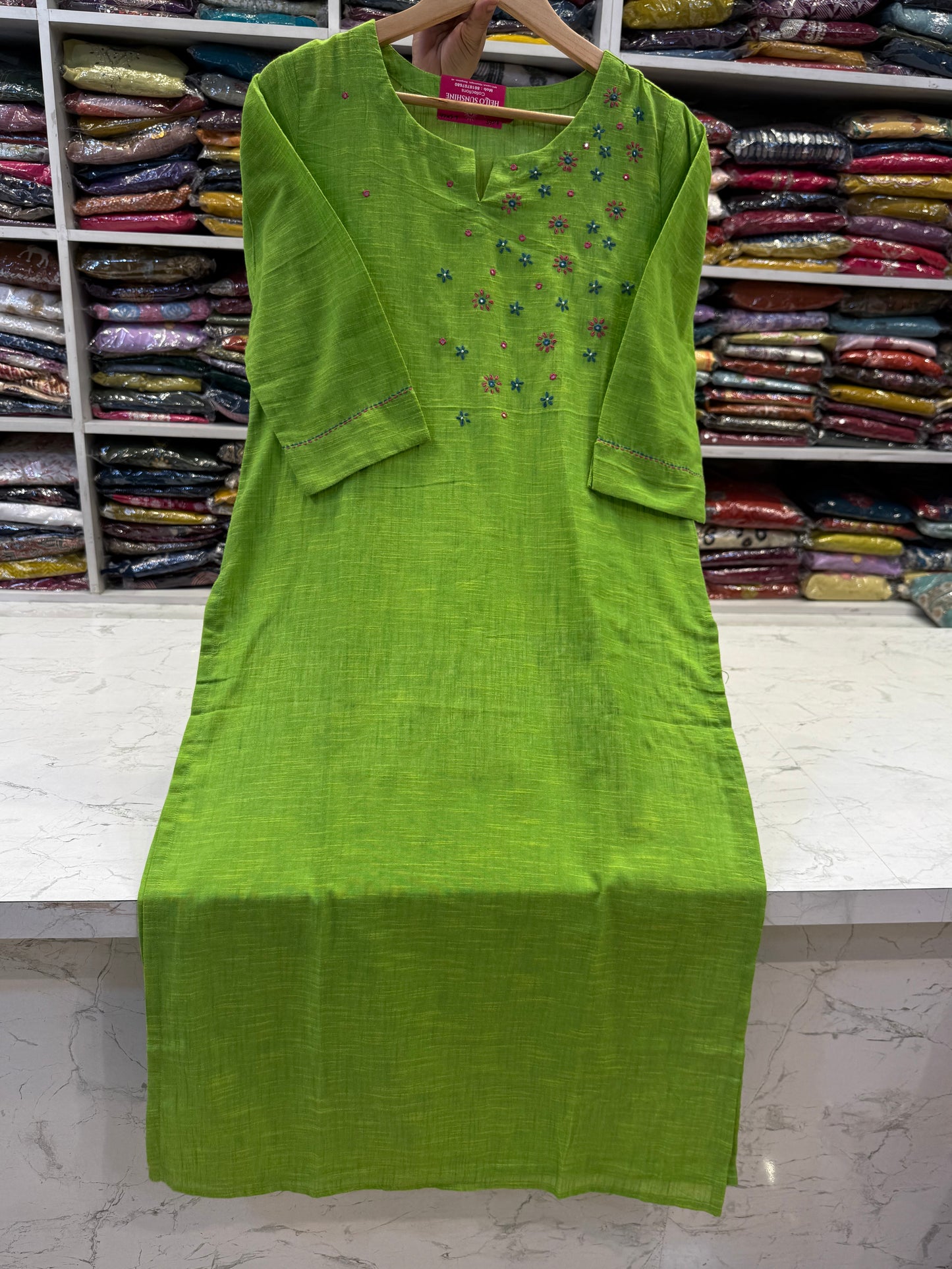 Parrot Green Hand Embroidery Pure Cotton Straight Cut Kurti