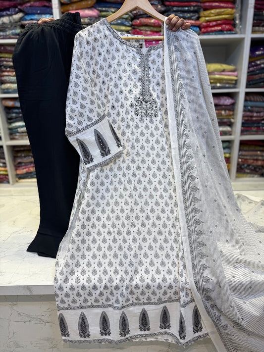 Straight Cut White Cotton Kurti With Pant and Dupatta