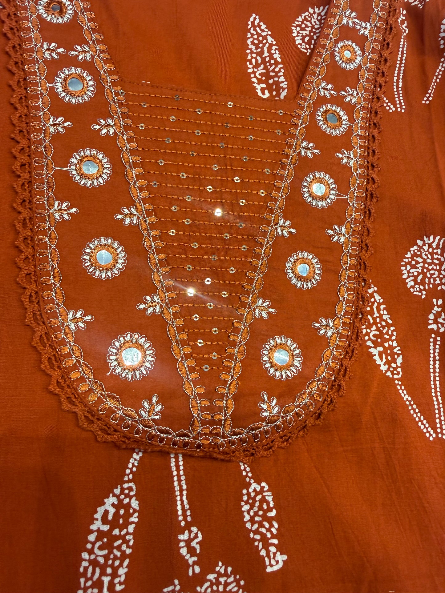 Printed Rust Orange Cotton Kurti With Pant and Dupatta-HSC89