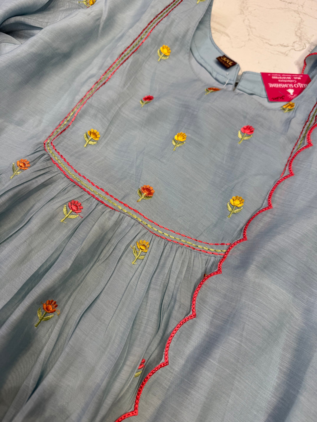 Sky Blue Embroidery Pure Silk Kurti With Pant and Scallop Cutwork Dupatta - HSC1190