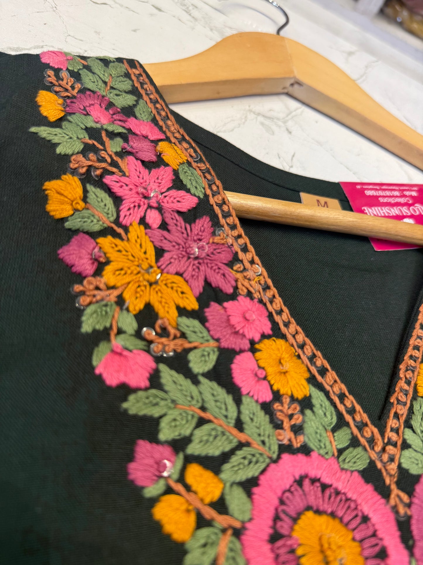 Green Embroidery Cotton Straight Cut Kurti