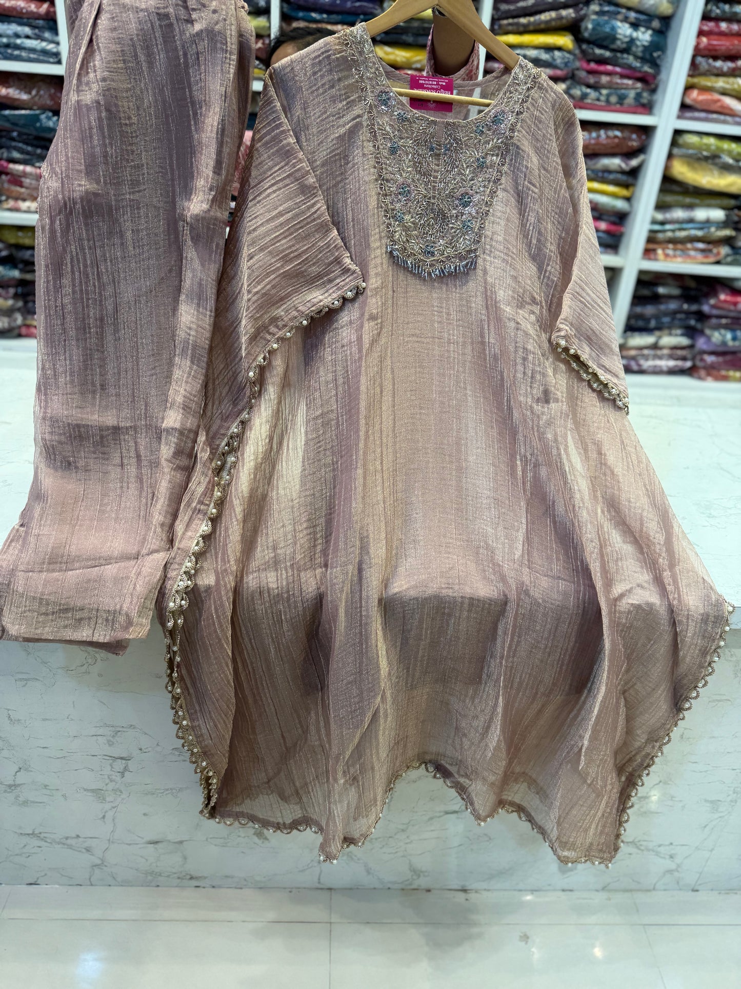 Shimmer Crush Hand Embroidery Kaftan Kurti With Pant-HSC157