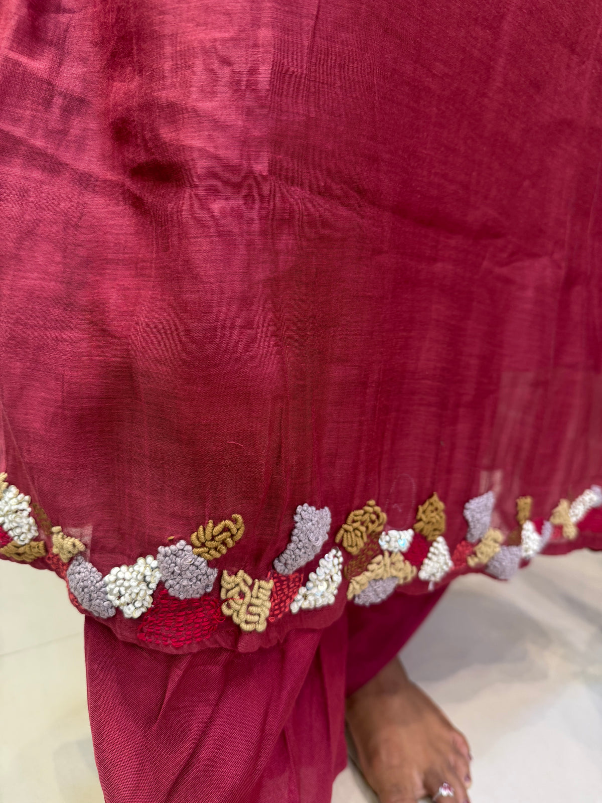 Pure Banarasi Mul Chanderi A-line Thread Embroidery Kurti With Pant and Dupatta -HSC1224