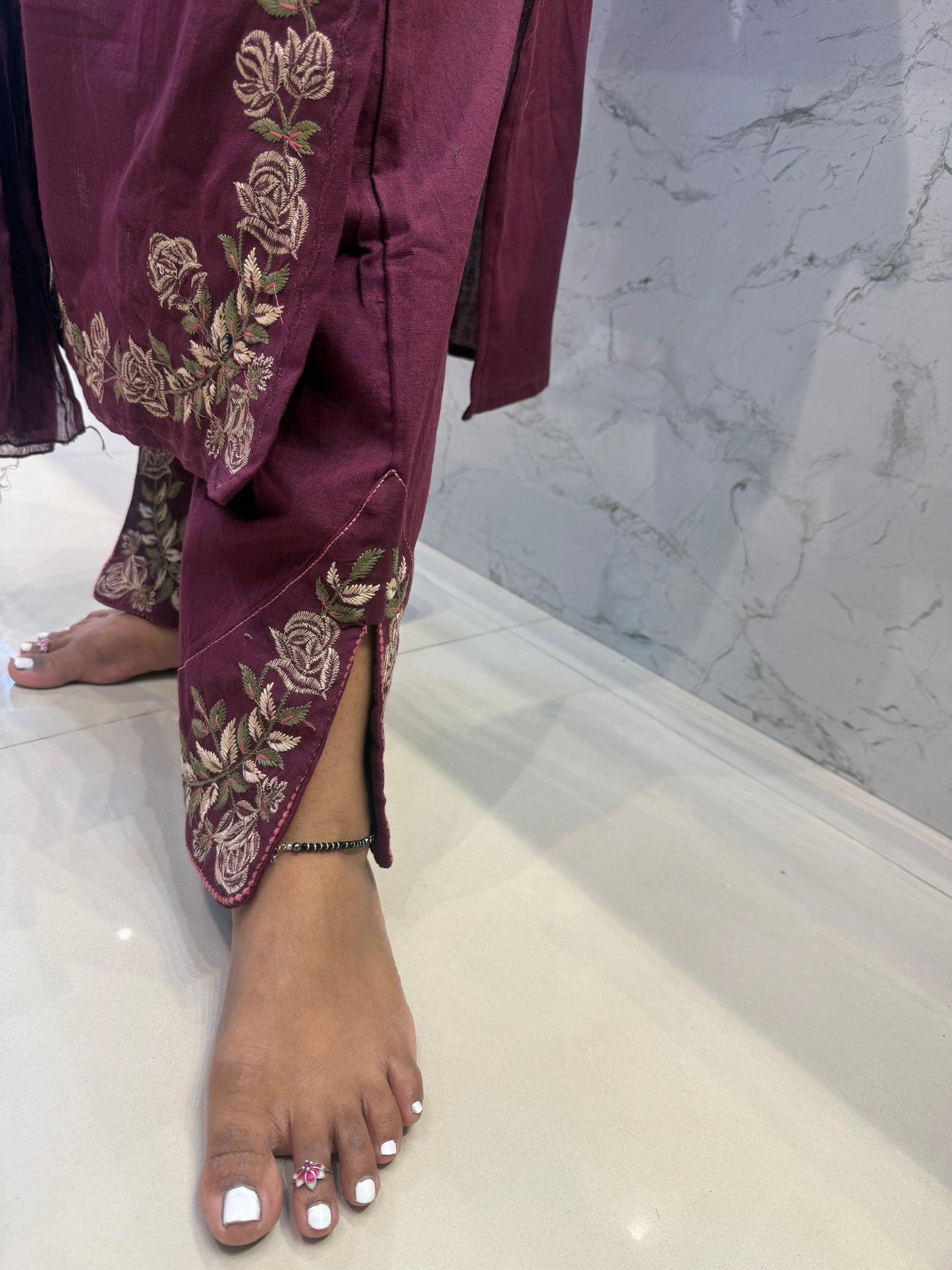 Dark Magenta Embroidery CutWork in Kurti With Pant and Dupatta-HSC155
