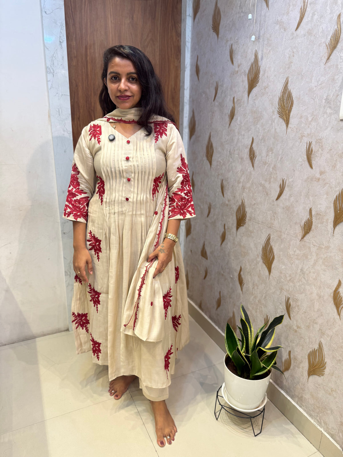Half White Mul Chanderi Embroidery A-line Kurti With Pant and Dupatta  -HSC1307