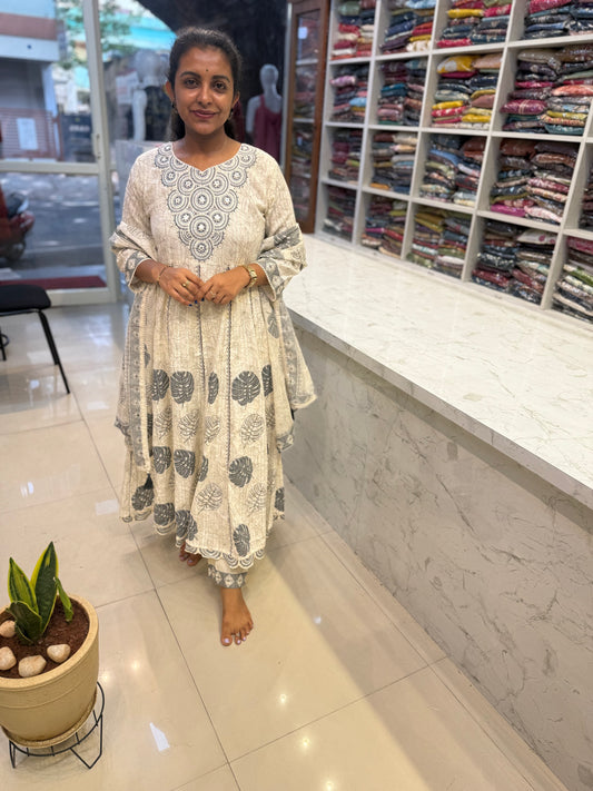 Pure Cotton Half White Hand Work Embroidery Kurti With Pant and Dupatta