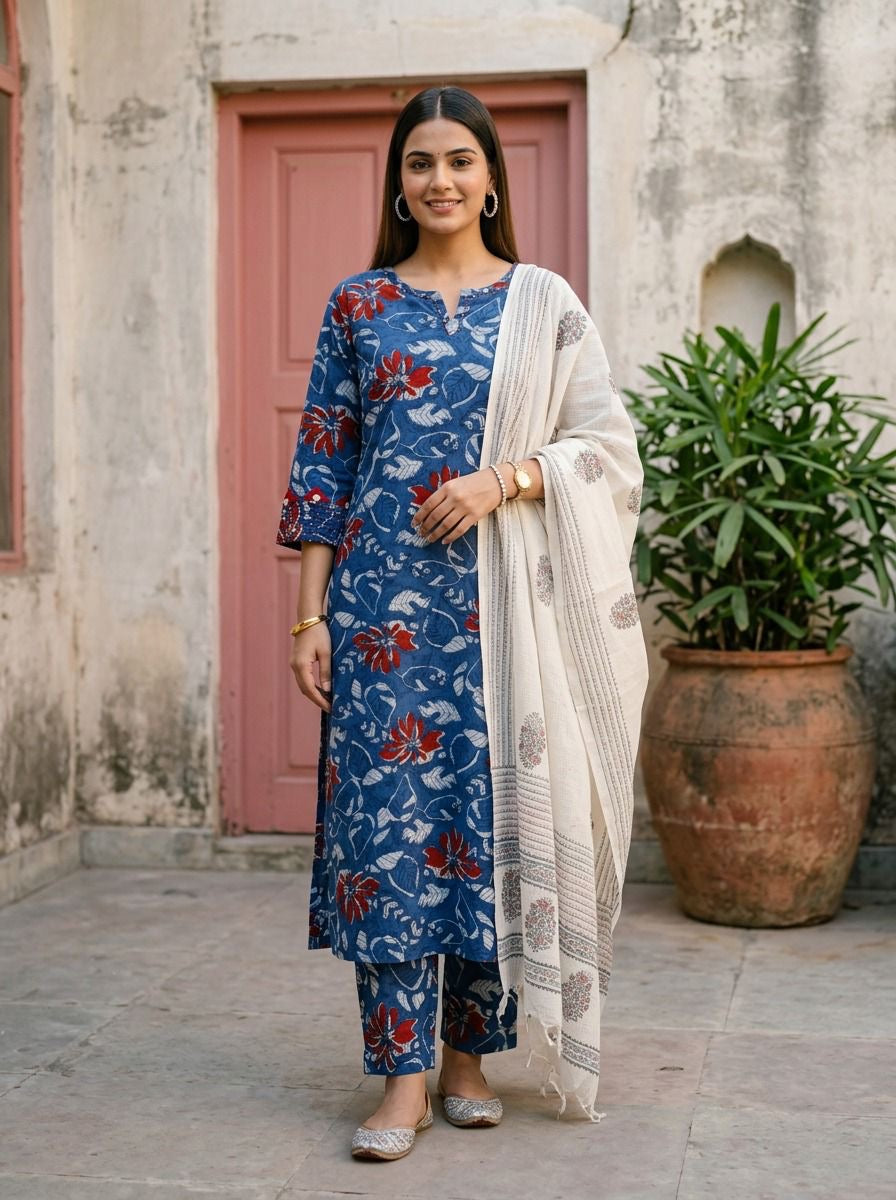 Indigo Floral Printed Hand Embroidered Kurti With Pant and Dupatta
