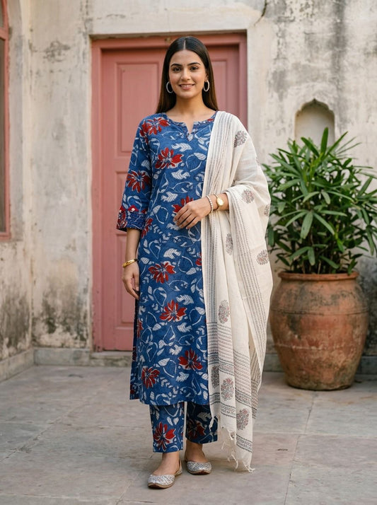 Indigo Floral Printed Hand Embroidered Kurti With Pant and Dupatta-HSC174