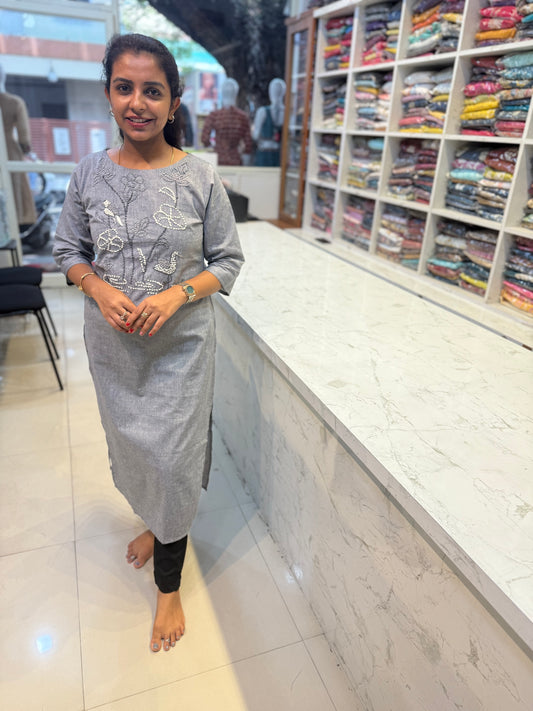 Grey Pure Cotton Bird Embroidery Kurti